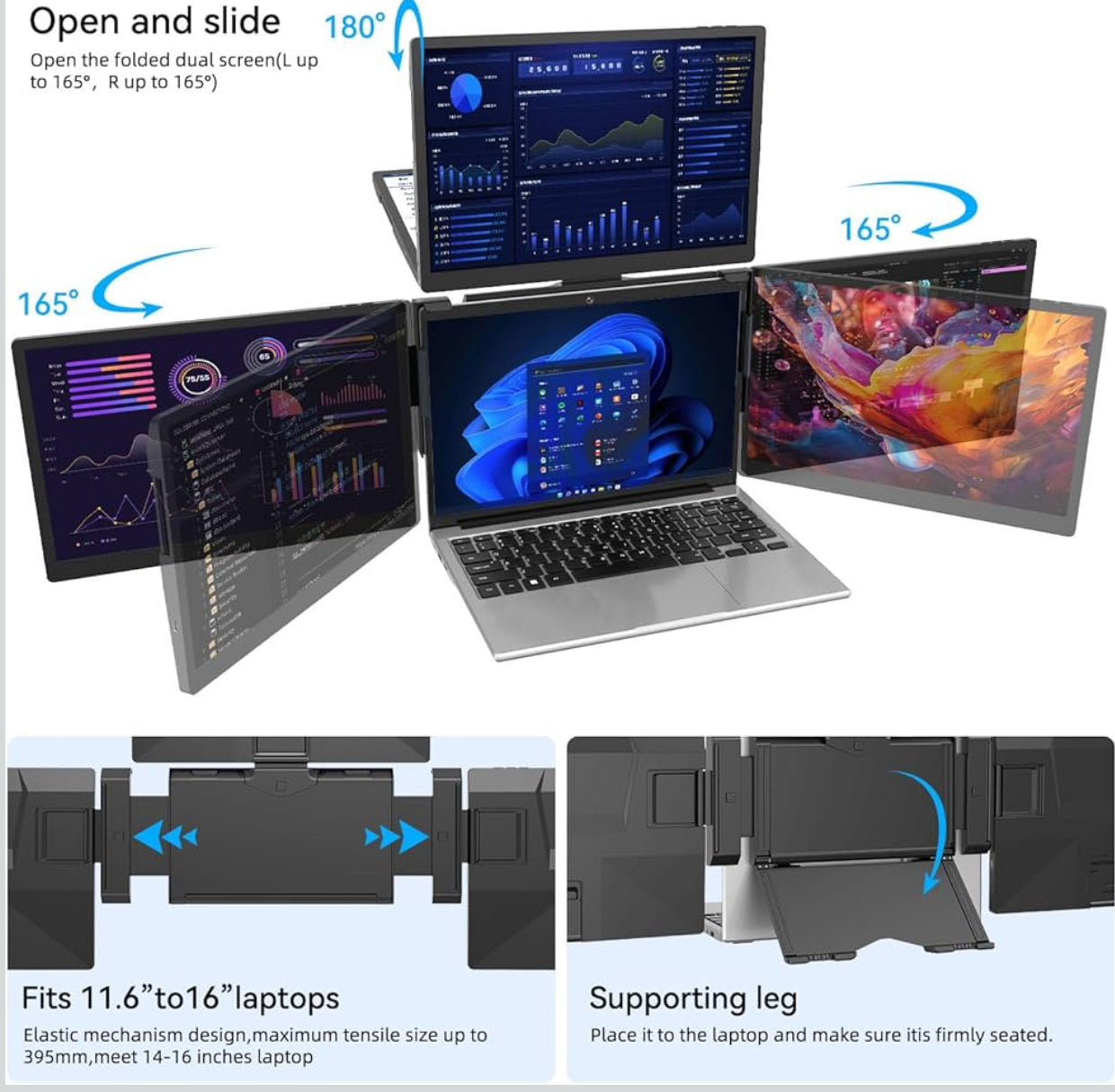 A-DREAMER Triple Portable Monitor 13.3”, Detachable Triple Screen Extender for Laptop 13”-16”, 1920x1200 IPS 16:10, One Cable for Three Displays, Compatible with Win/Mac (M1/M2/M3) (with 100W Charger)