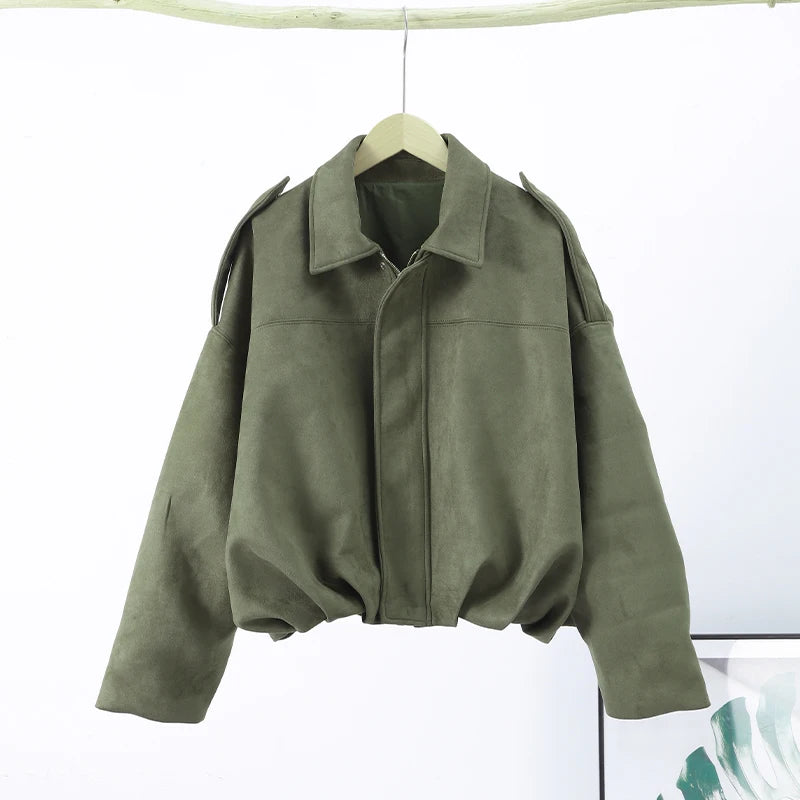 Elegant Green Suede Jackets 2025 Spring Autumn Street PlElegan