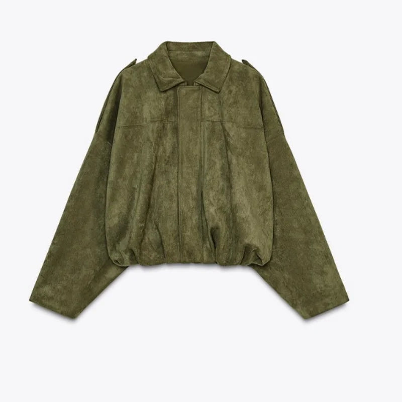 Elegant Green Suede Jackets 2025 Spring Autumn Street PlElegan
