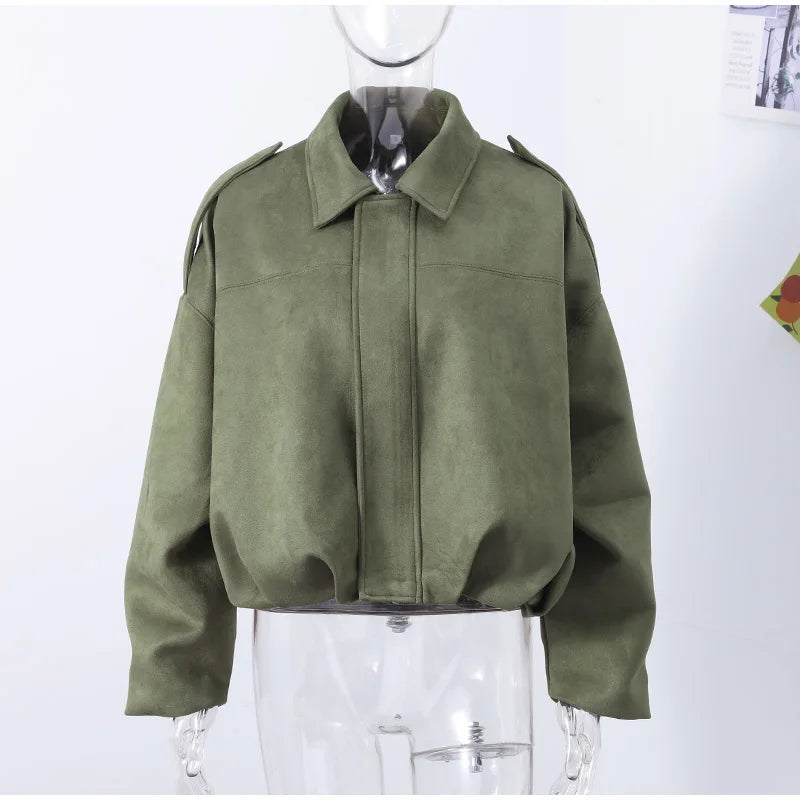 Elegant Green Suede Jackets 2025 Spring Autumn Street PlElegan