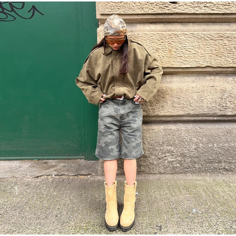 Elegant Green Suede Jackets 2025 Spring Autumn Street PlElegan