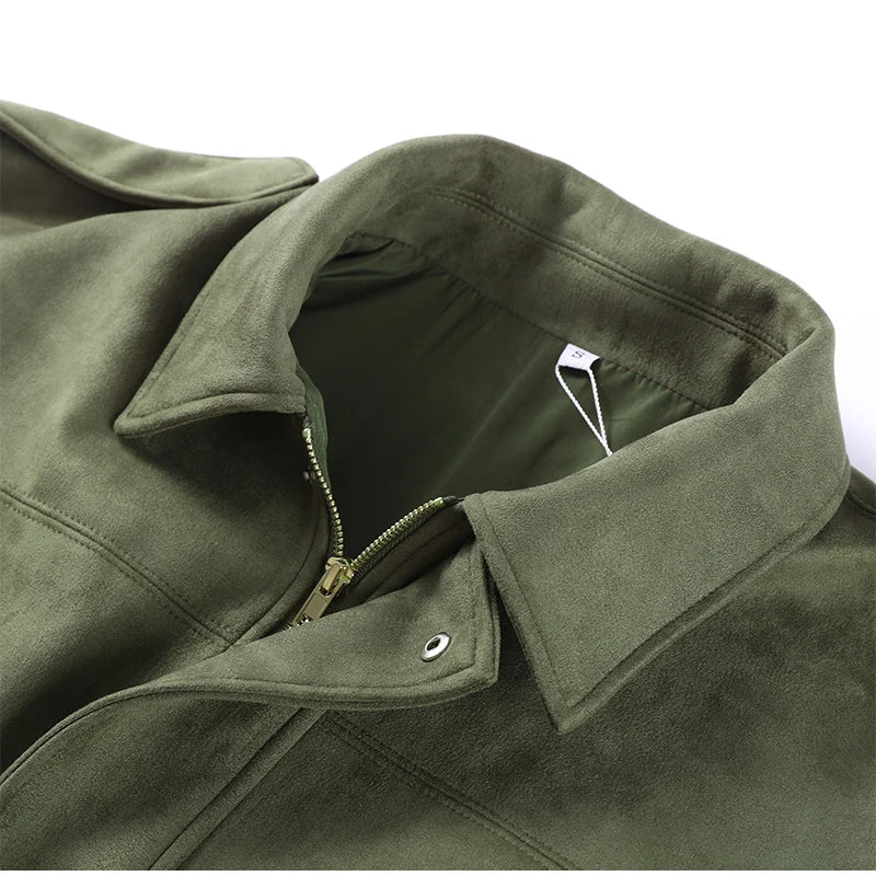 Elegant Green Suede Jackets 2025 Spring Autumn Street PlElegan