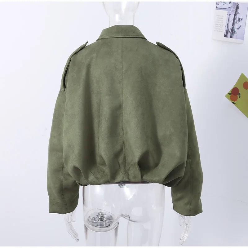 Elegant Green Suede Jackets 2025 Spring Autumn Street PlElegan