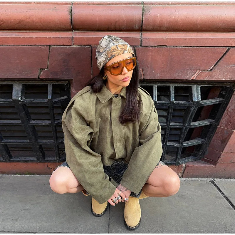 Elegant Green Suede Jackets 2025 Spring Autumn Street PlElegan