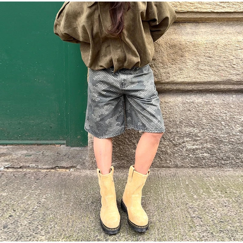 Elegant Green Suede Jackets 2025 Spring Autumn Street PlElegan
