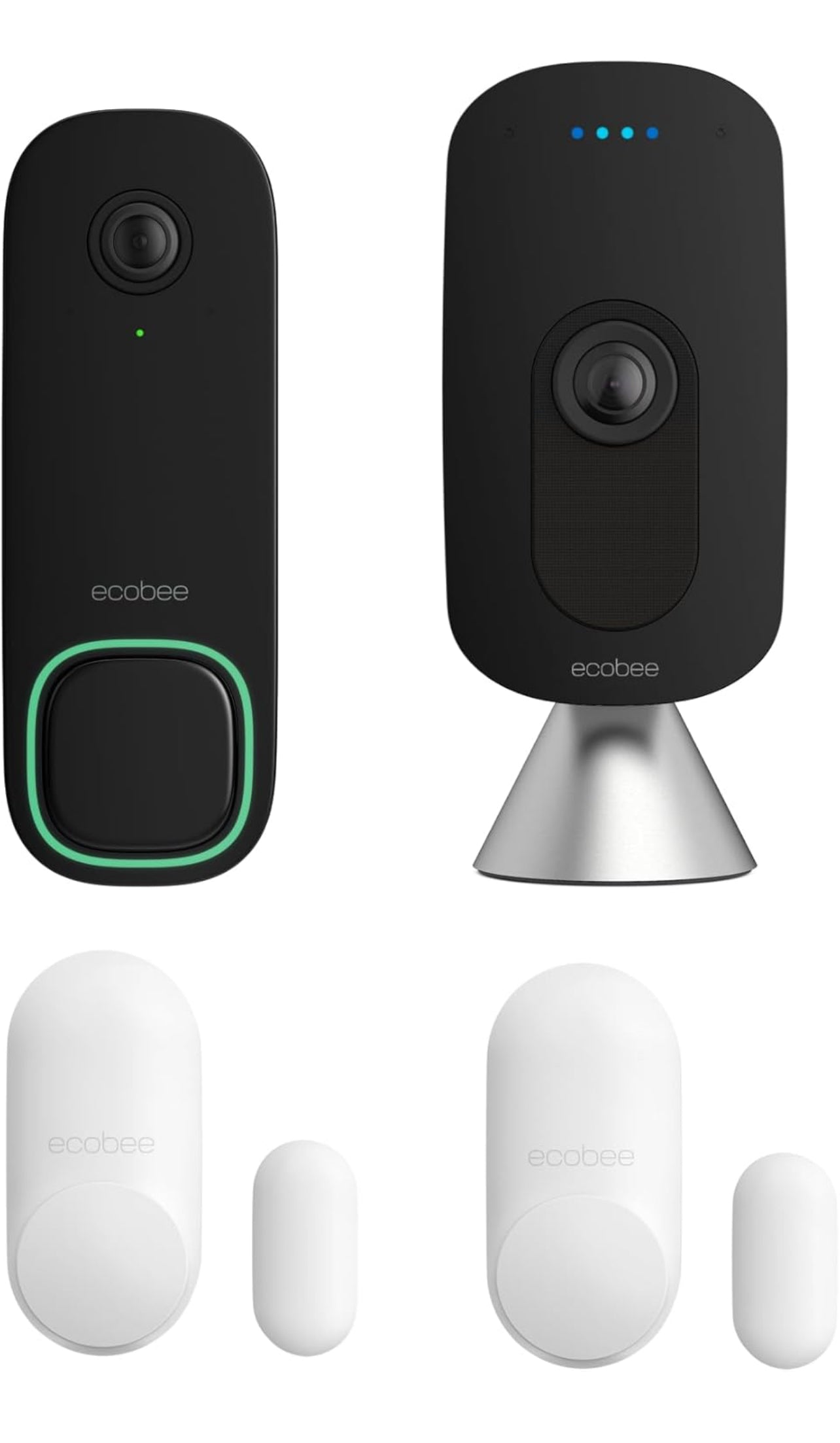 ecobee Home Security Bundle with Smart Doorbell Camera (Wired), SmartSensor for Doors and Windows, and SmartCamera with Voice Control.
