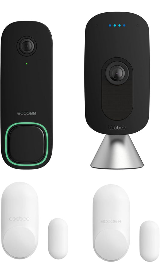 ecobee Home Security Bundle with Smart Doorbell Camera (Wired), SmartSensor for Doors and Windows, and SmartCamera with Voice Control.