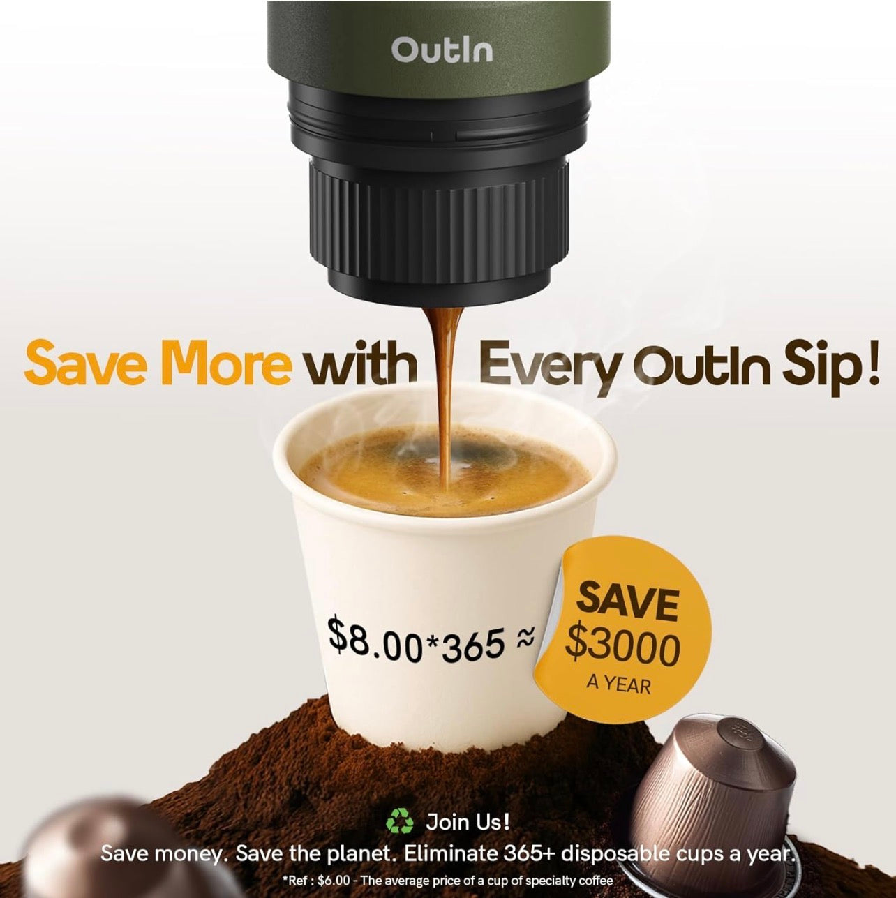 OutIn Nano Portable Electric Espresso Machine, Travel Coffee Maker for Camping, Car Coffee Maker Self-Heating with USB-C, With Ground Coffee & NS Capsule for RV, Hiking, Office