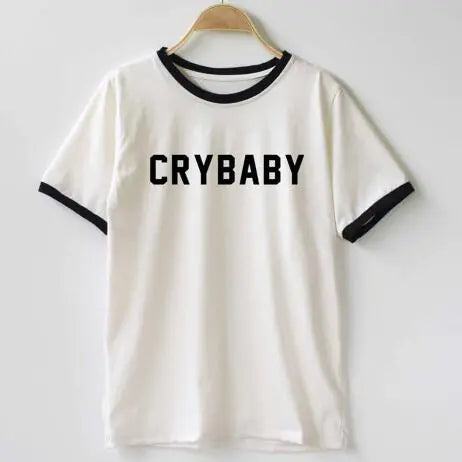 Black Casual Short Sleeve Crybaby White T-Shirt