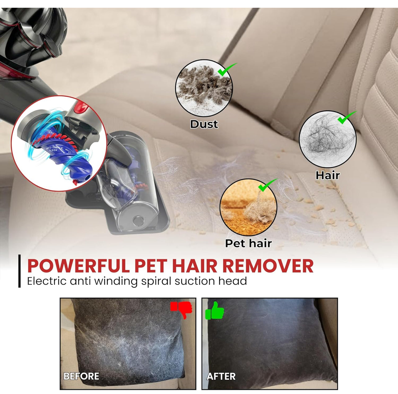 for Dyson V7 V8 V10 V11 V15 Vacuum Cleaners - Mini Motorized Brush Head - Pet Hair Removal Vacuum Attachment, Mini Hair Screw Tool for Carpeted Stairs, Couch Cushions, Upholstery & Car Carpet