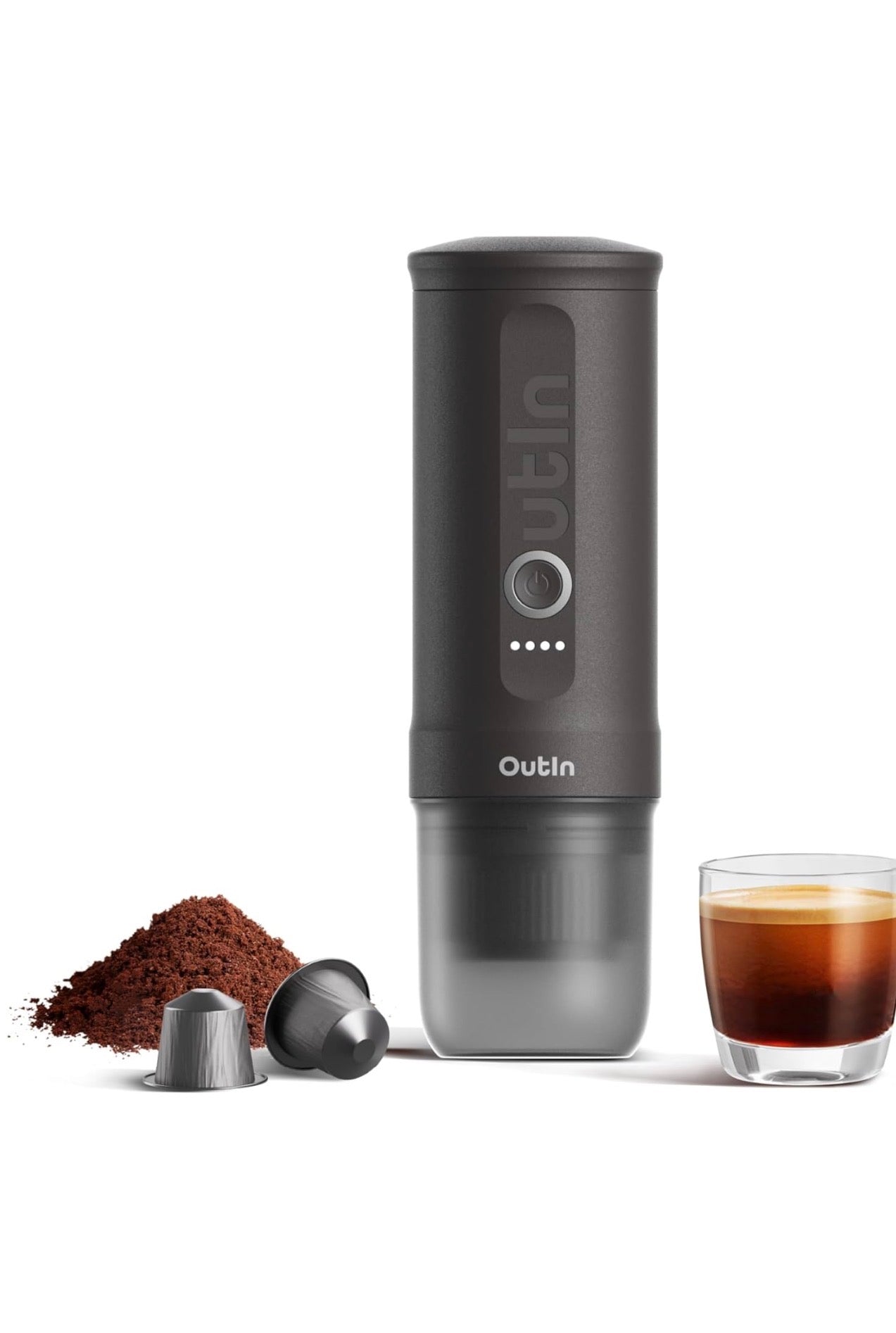 OutIn Nano Portable Electric Espresso Machine, Travel Coffee Maker for Camping, Car Coffee Maker Self-Heating with USB-C, With Ground Coffee & NS Capsule for RV, Hiking, Office