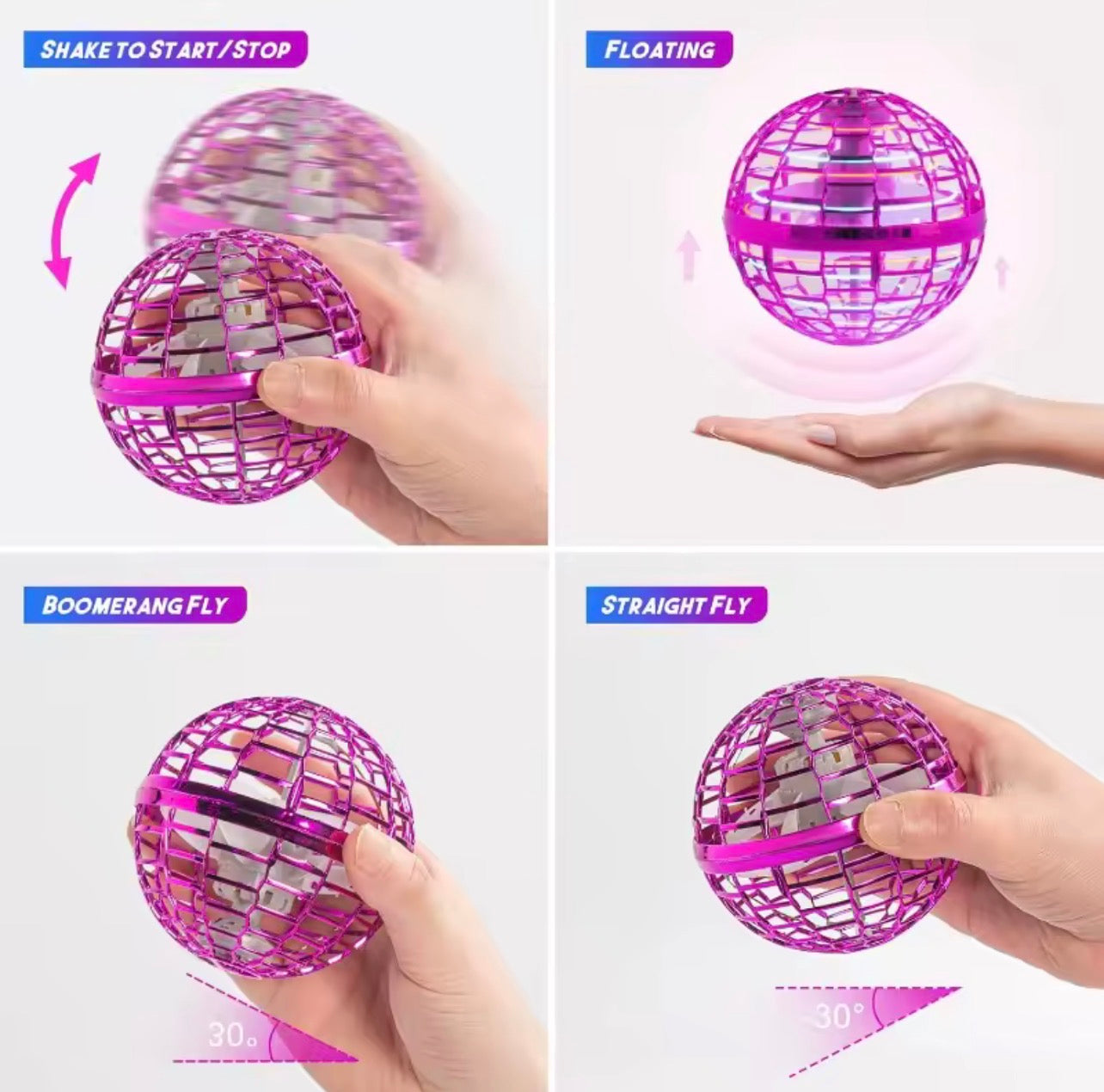Flying Orb Hover ball features: shake to start/stop, floating, boomerang fly, and straight fly modes for kids fun.