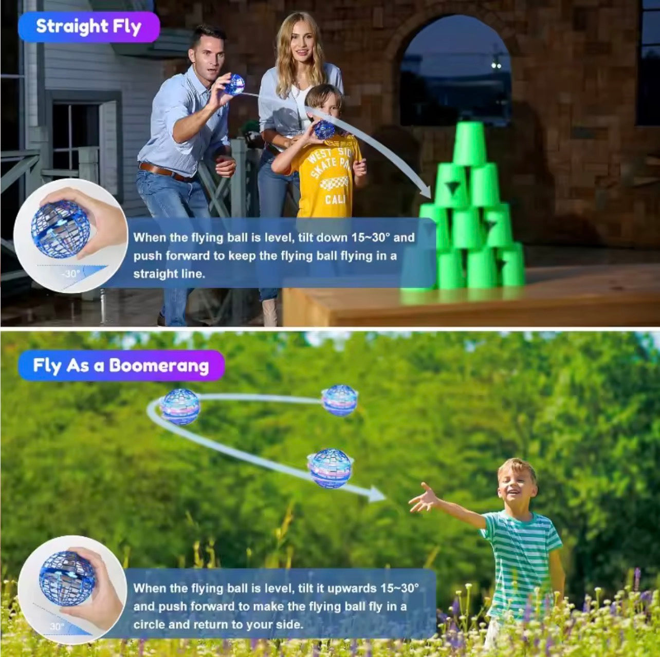 Instructions for Flying Orb Hover ball showing Straight Fly and Boomerang modes for kids.