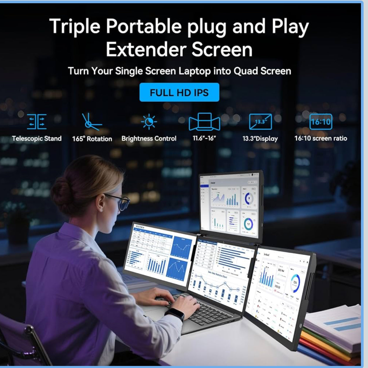 A-DREAMER Triple Portable Monitor 13.3”, Detachable Triple Screen Extender for Laptop 13”-16”, 1920x1200 IPS 16:10, One Cable for Three Displays, Compatible with Win/Mac (M1/M2/M3) (with 100W Charger)