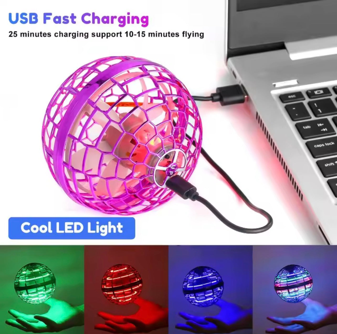 Flying Orb Hover ball charging with USB, showcasing cool LED light for fun indoor play.