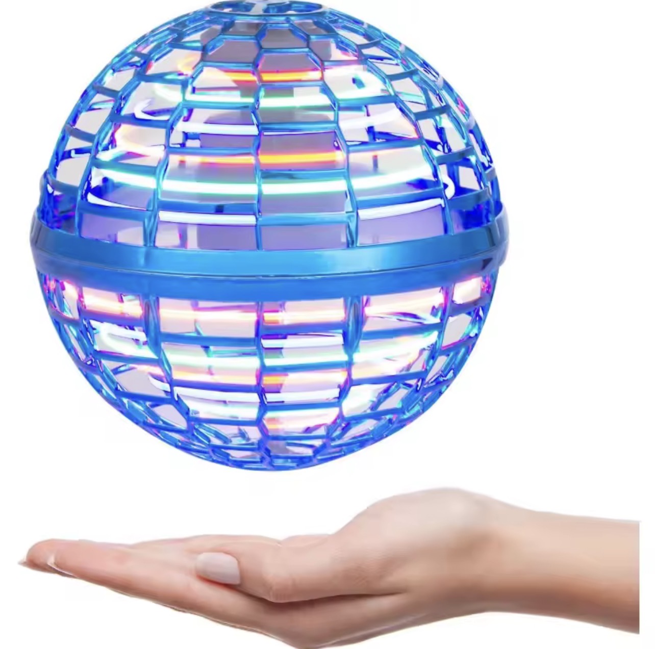 Flying Orb Hover ball 2025 displayed above a hand, showcasing its colorful design and smooth flight capabilities.