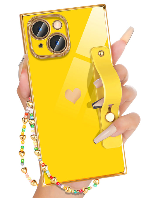 Petitian for iPhone 13 Case Stand/String Luxury Cute Women Girls Heart Electroplated Designer Phone Cases for 13 Yellow