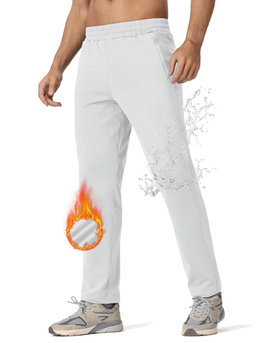 MAGCOMSEN Mens Athletic Pants Winter Fleece Sweatpants Water Resistant Pants Straight Leg Pants with Pockets Running Pants Men White