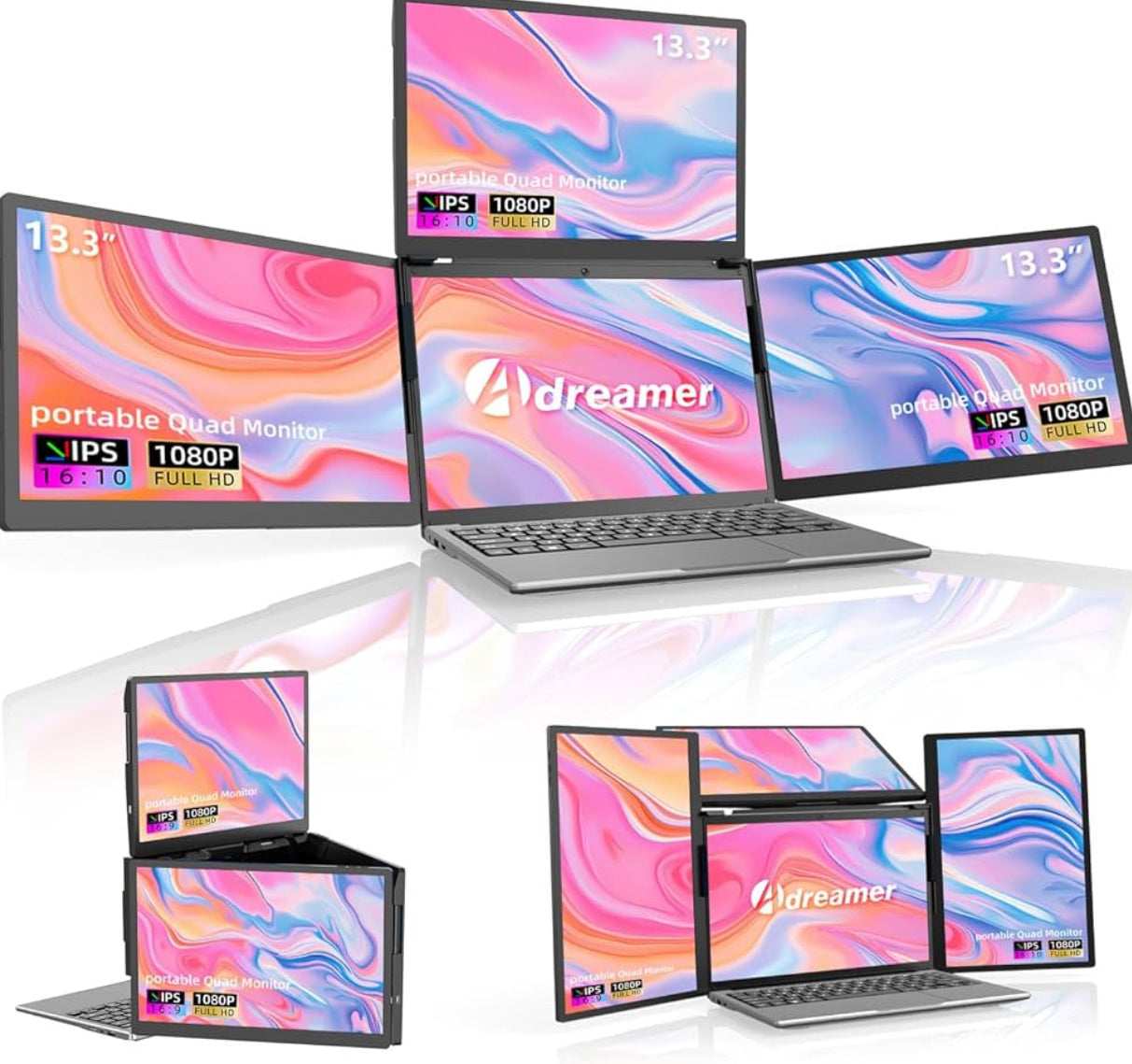 A-DREAMER Triple Portable Monitor 13.3”, Detachable Triple Screen Extender for Laptop 13”-16”, 1920x1200 IPS 16:10, One Cable for Three Displays, Compatible with Win/Mac (M1/M2/M3) (with 100W Charger)