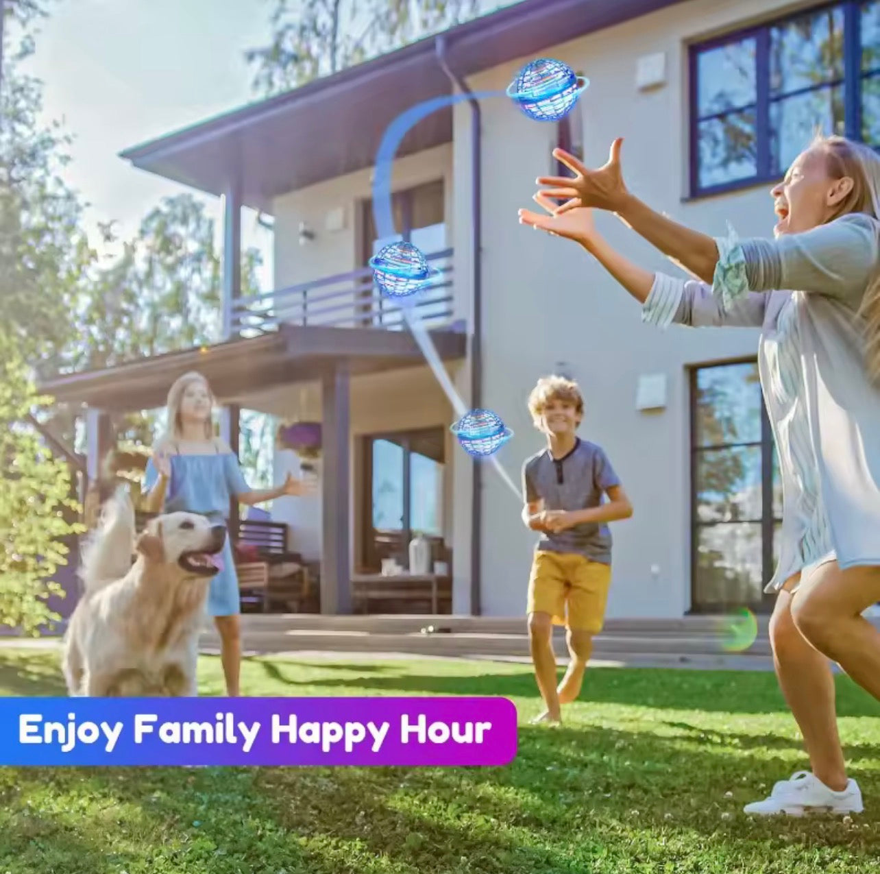 Kids playing with Flying Orb Hover ball in the backyard, enjoying family time with a dog.