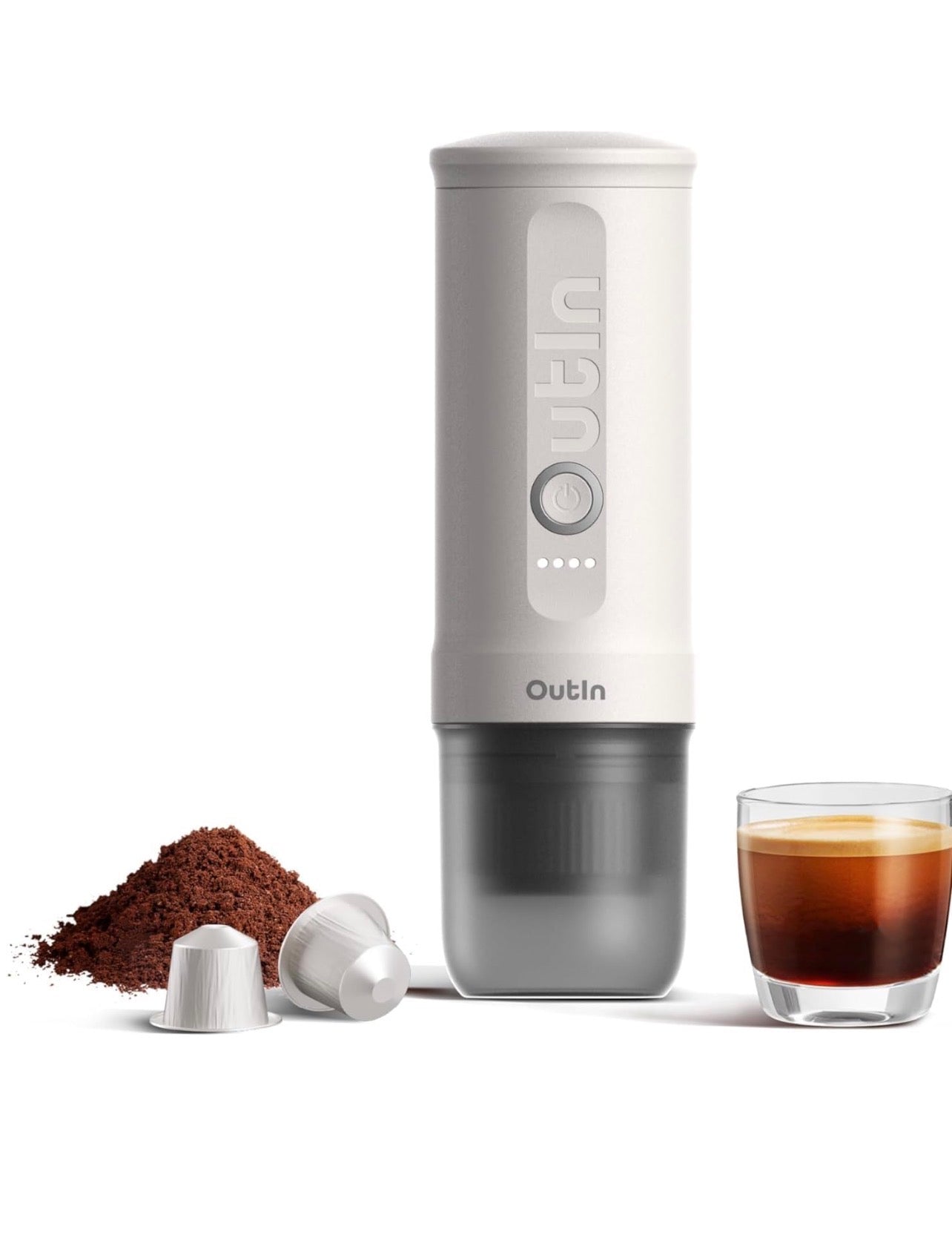 OutIn Nano Portable Electric Espresso Machine, Travel Coffee Maker for Camping, Car Coffee Maker Self-Heating with USB-C, With Ground Coffee & NS Capsule for RV, Hiking, Office