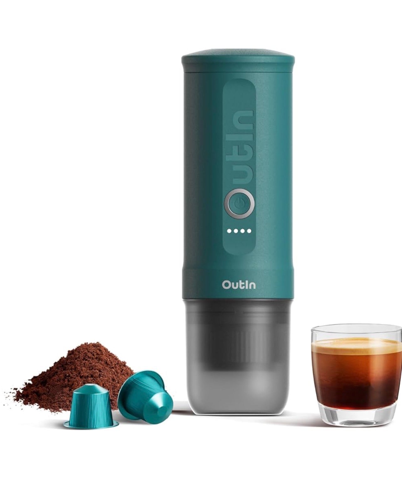 OutIn Nano Portable Electric Espresso Machine, Travel Coffee Maker for Camping, Car Coffee Maker Self-Heating with USB-C, With Ground Coffee & NS Capsule for RV, Hiking, Office