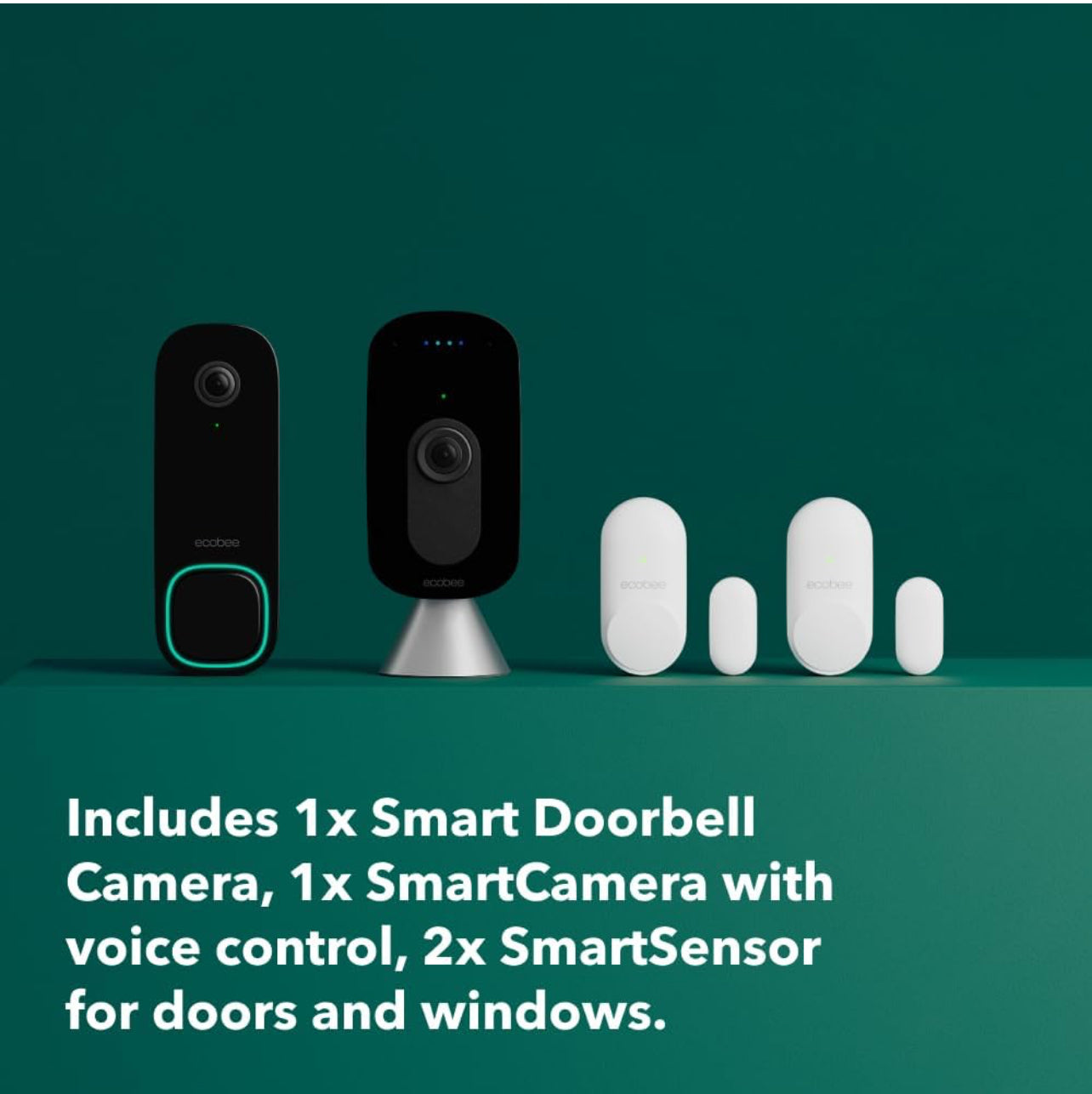 ecobee Home Security Bundle with Smart Doorbell Camera (Wired), SmartSensor for Doors and Windows, and SmartCamera with Voice Control.