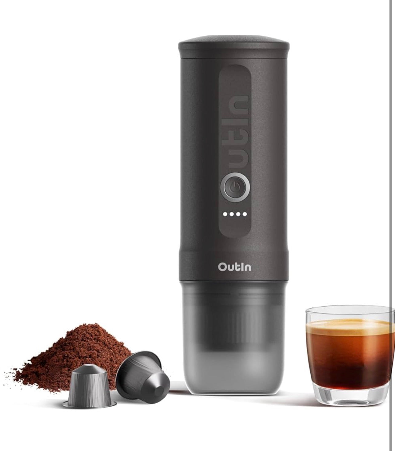 OutIn Nano Portable Electric Espresso Machine, Travel Coffee Maker for Camping, Car Coffee Maker Self-Heating with USB-C, With Ground Coffee & NS Capsule for RV, Hiking, Office