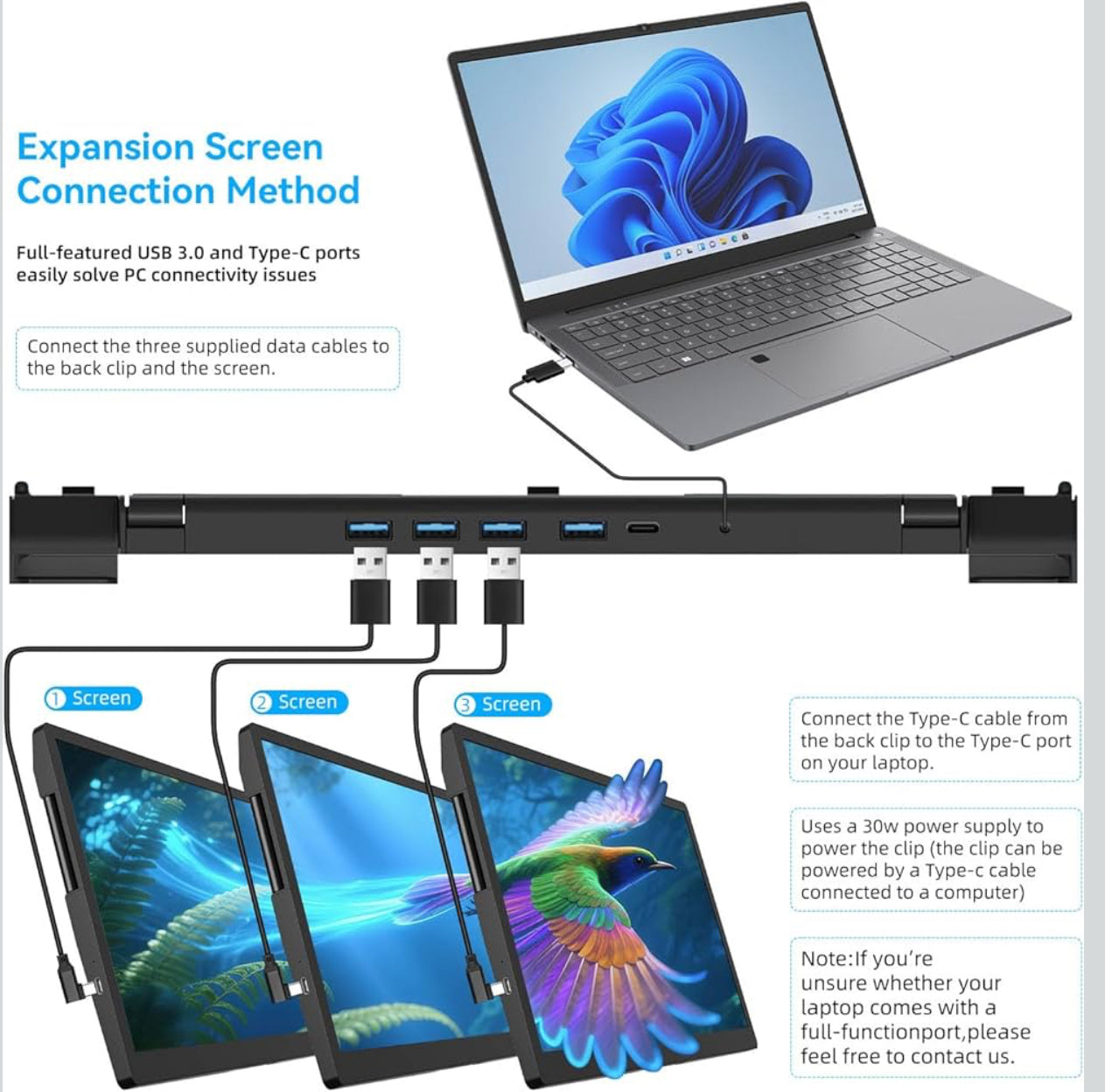 A-DREAMER Triple Portable Monitor 13.3”, Detachable Triple Screen Extender for Laptop 13”-16”, 1920x1200 IPS 16:10, One Cable for Three Displays, Compatible with Win/Mac (M1/M2/M3) (with 100W Charger)