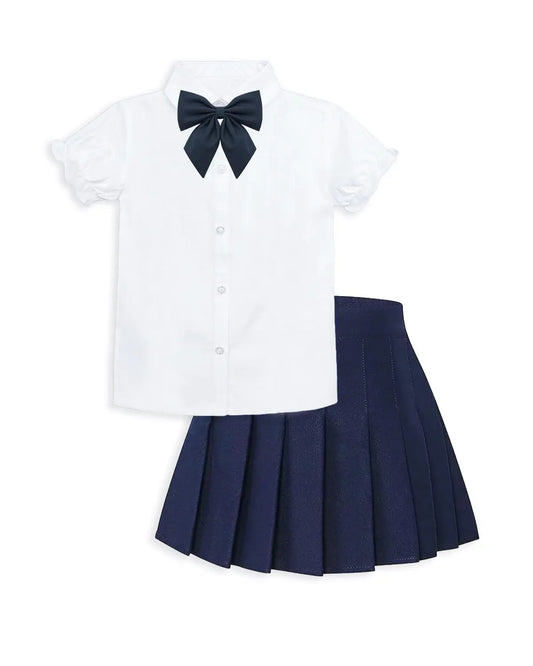 Betusline Girls Two Piece Outfits Short Puff Sleeve White T-Shirt and Pleated Skirt Set Dark Blue 9-10 Years