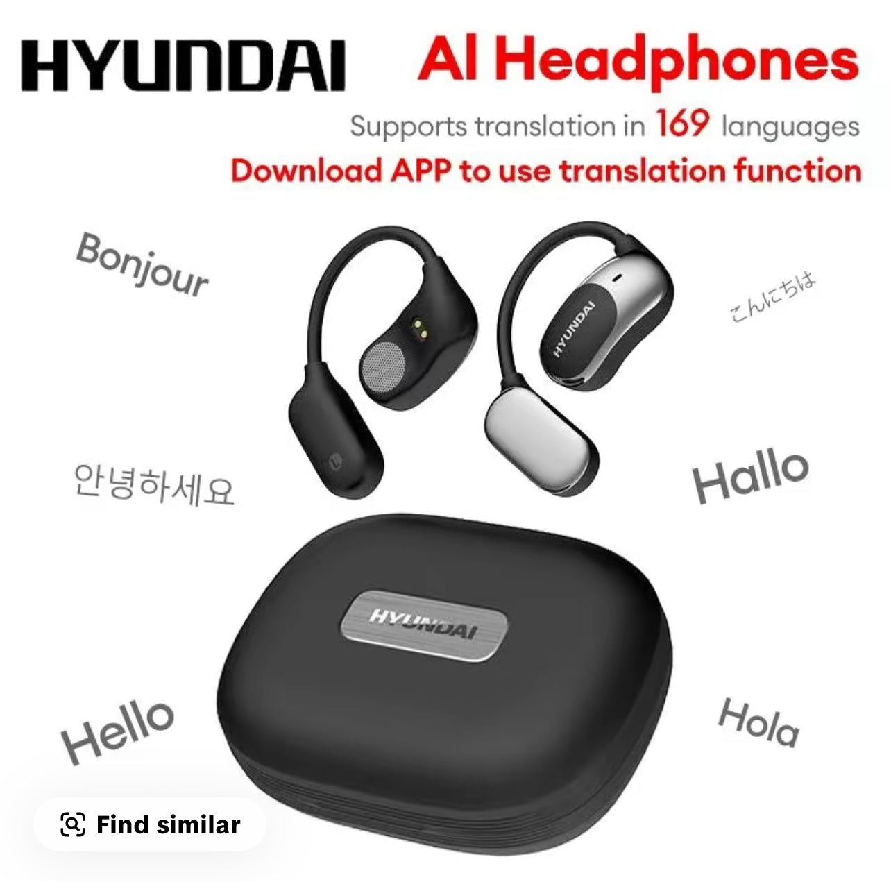 HYUNDAI Fit2 with Built-in 169-Language Translation Wireless Headphones with Electroplated Ear Hook Design - Comfortable, Great Sound, Bluetooth 5.4 Flash Connection, Wireless Earbuds for Music and Calls