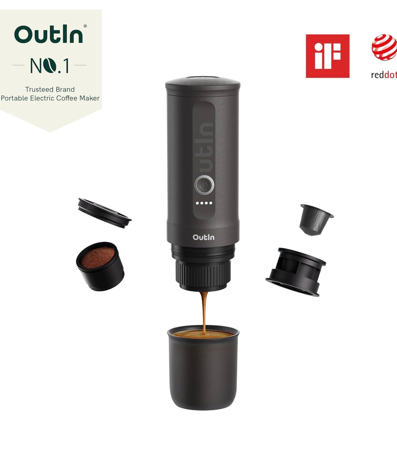OutIn Nano Portable Electric Espresso Machine, Travel Coffee Maker for Camping, Car Coffee Maker Self-Heating with USB-C, With Ground Coffee & NS Capsule for RV, Hiking, Office