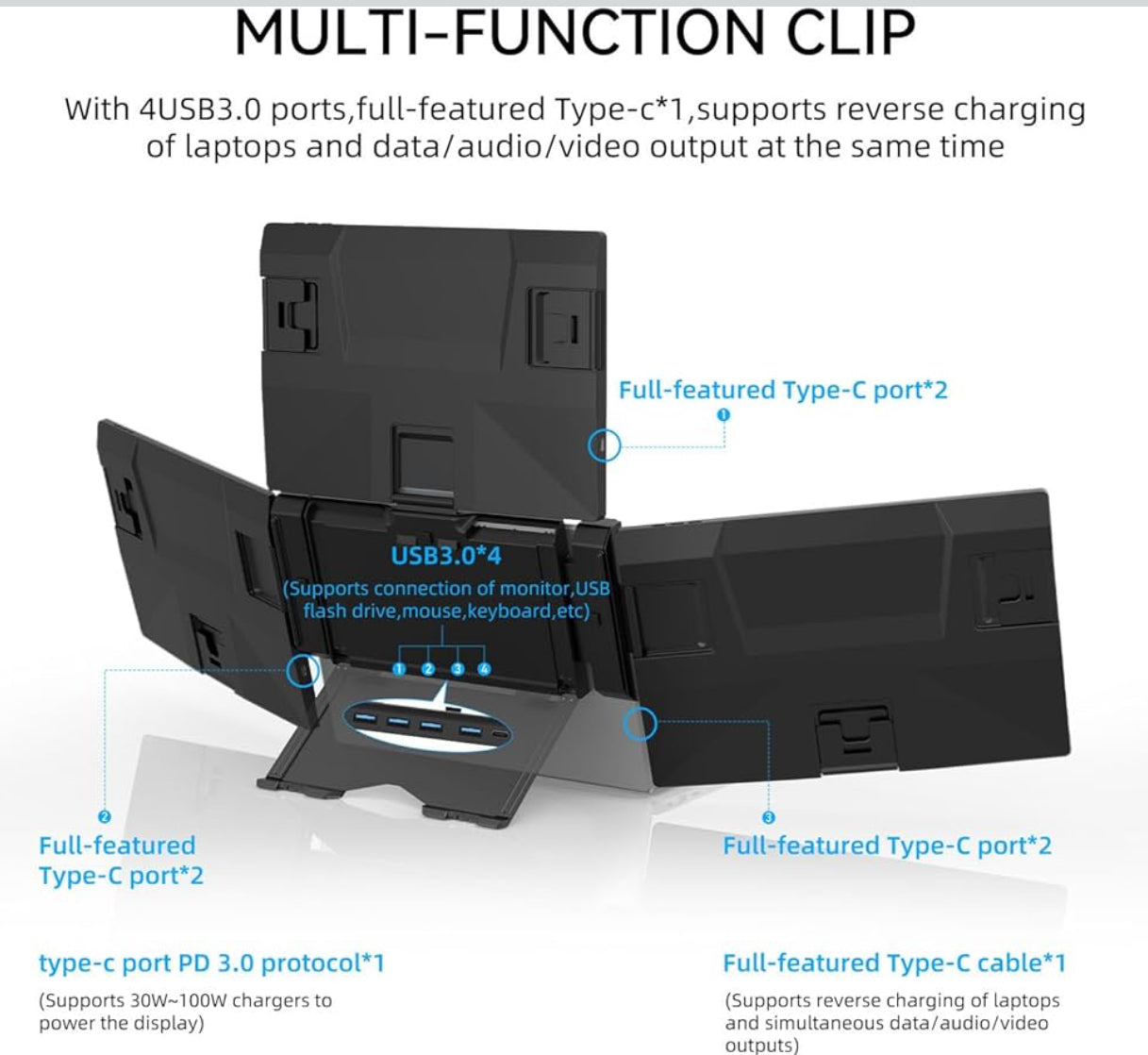 A-DREAMER Triple Portable Monitor 13.3”, Detachable Triple Screen Extender for Laptop 13”-16”, 1920x1200 IPS 16:10, One Cable for Three Displays, Compatible with Win/Mac (M1/M2/M3) (with 100W Charger)