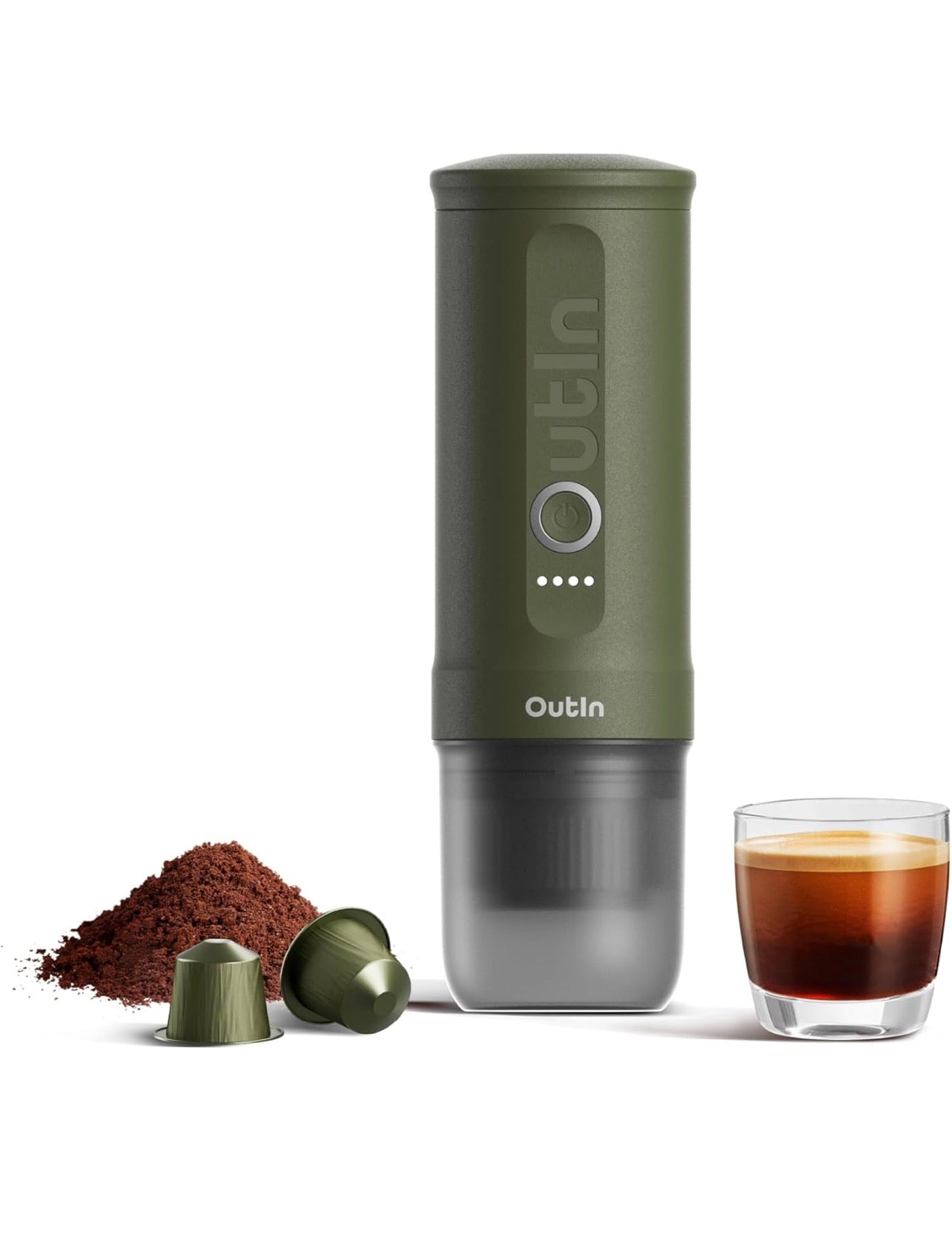 OutIn Nano Portable Electric Espresso Machine, Travel Coffee Maker for Camping, Car Coffee Maker Self-Heating with USB-C, With Ground Coffee & NS Capsule for RV, Hiking, Office