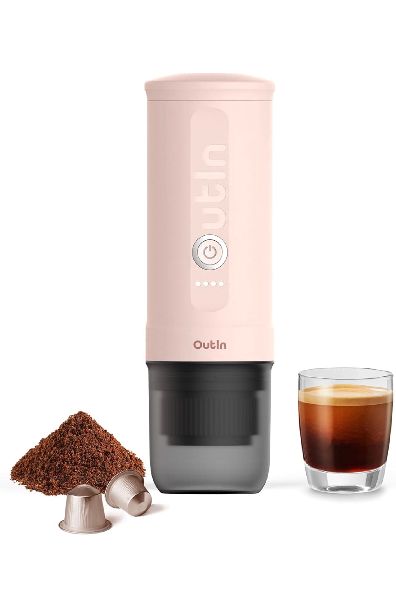 OutIn Nano Portable Electric Espresso Machine, Travel Coffee Maker for Camping, Car Coffee Maker Self-Heating with USB-C, With Ground Coffee & NS Capsule for RV, Hiking, Office