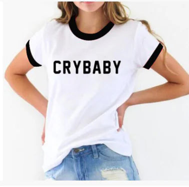 Black Casual Short Sleeve Crybaby White T-Shirt
