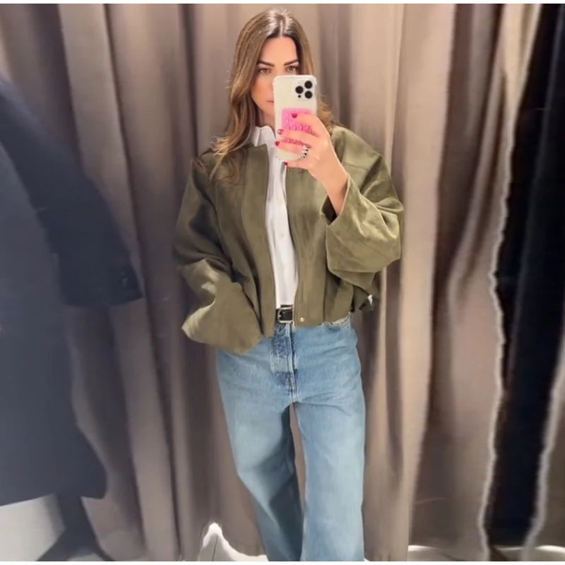 Elegant Green Suede Jackets 2025 Spring Autumn Street PlElegan