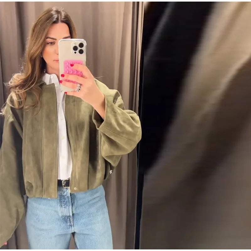 Elegant Green Suede Jackets 2025 Spring Autumn Street PlElegan
