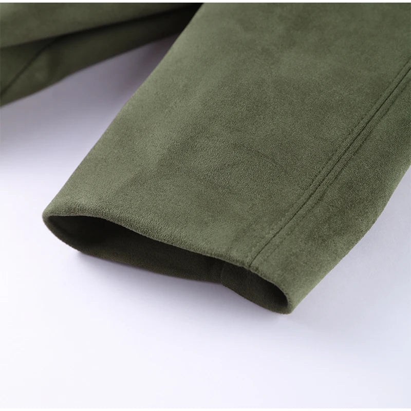 Elegant Green Suede Jackets 2025 Spring Autumn Street PlElegan