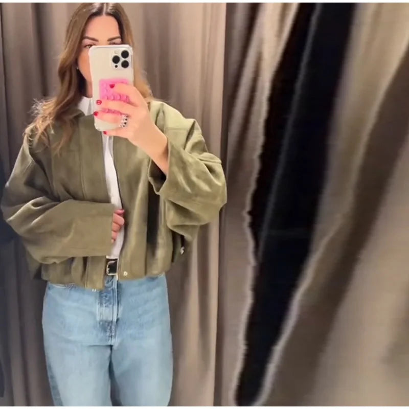 Elegant Green Suede Jackets 2025 Spring Autumn Street PlElegan