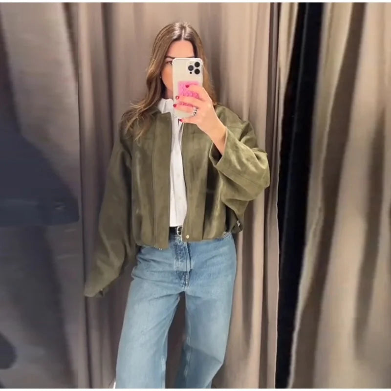 Elegant Green Suede Jackets 2025 Spring Autumn Street PlElegan