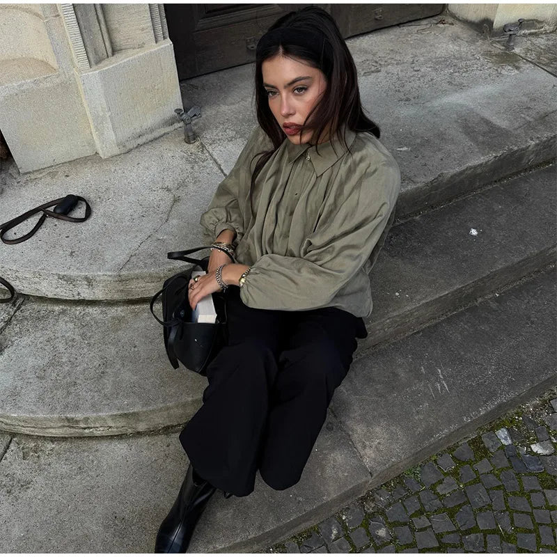 Elegant Green Suede Jackets 2025 Spring Autumn Street PlElegan