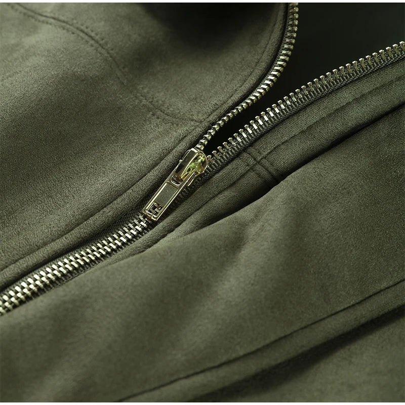 Elegant Green Suede Jackets 2025 Spring Autumn Street PlElegan