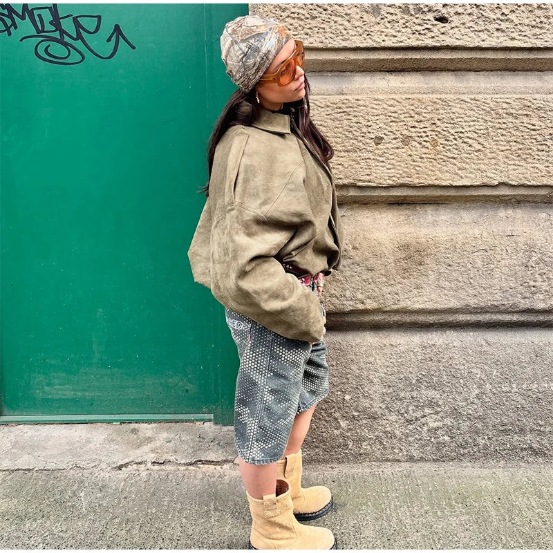 Elegant Green Suede Jackets 2025 Spring Autumn Street PlElegan