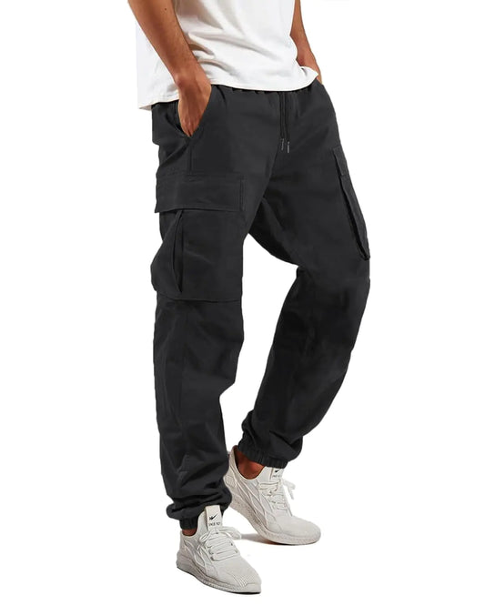 LYRXXX Mens Cargo Pants Casual Workout Pants Drawstring Cotton Hiking Pants Joggers Sweatpants for MenBlack