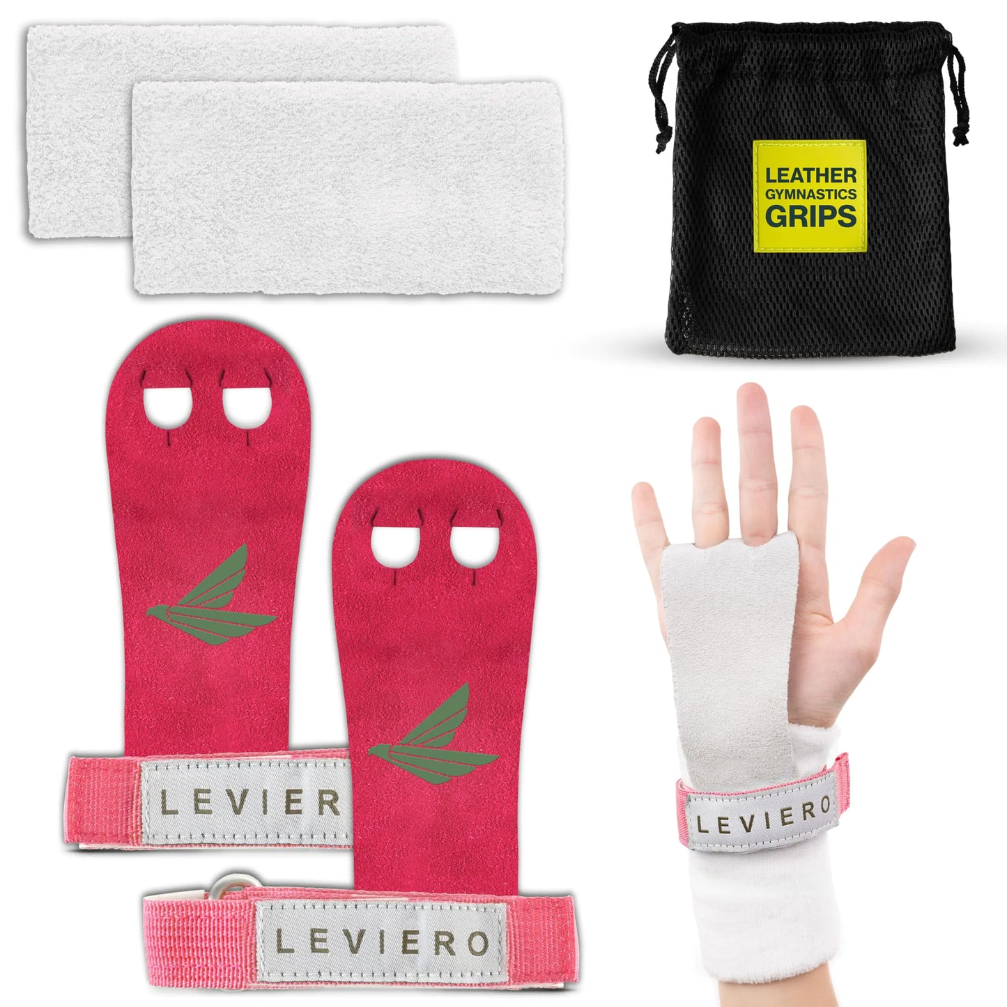 LEVIERO Palmies Gymnastics Grips Grips for Gymnastics Multipurpose Soft Leather Grips with Adjustable Finger Holes Weightlifting Kettlebell Cross Training Workouts for All Ages - (Pink X-Large)
